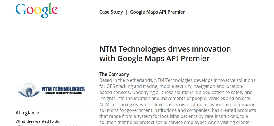 Google Maps customer story featuring NTM Technologies